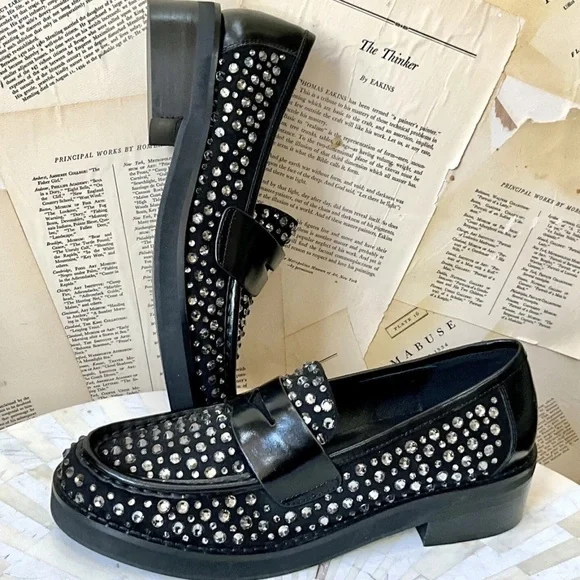 Anthropologie Bibi Lou Jaya Gem Loafers Black Leather Jewels - Picture 8 of 12